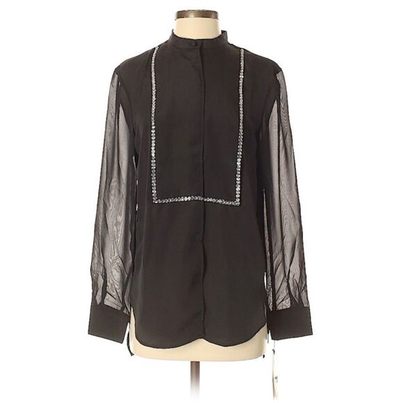 3.1 Phillip Lim Black Sheer Button-Up Crystal Tuxedo Blouse Women Size S - Picture 2 of 9